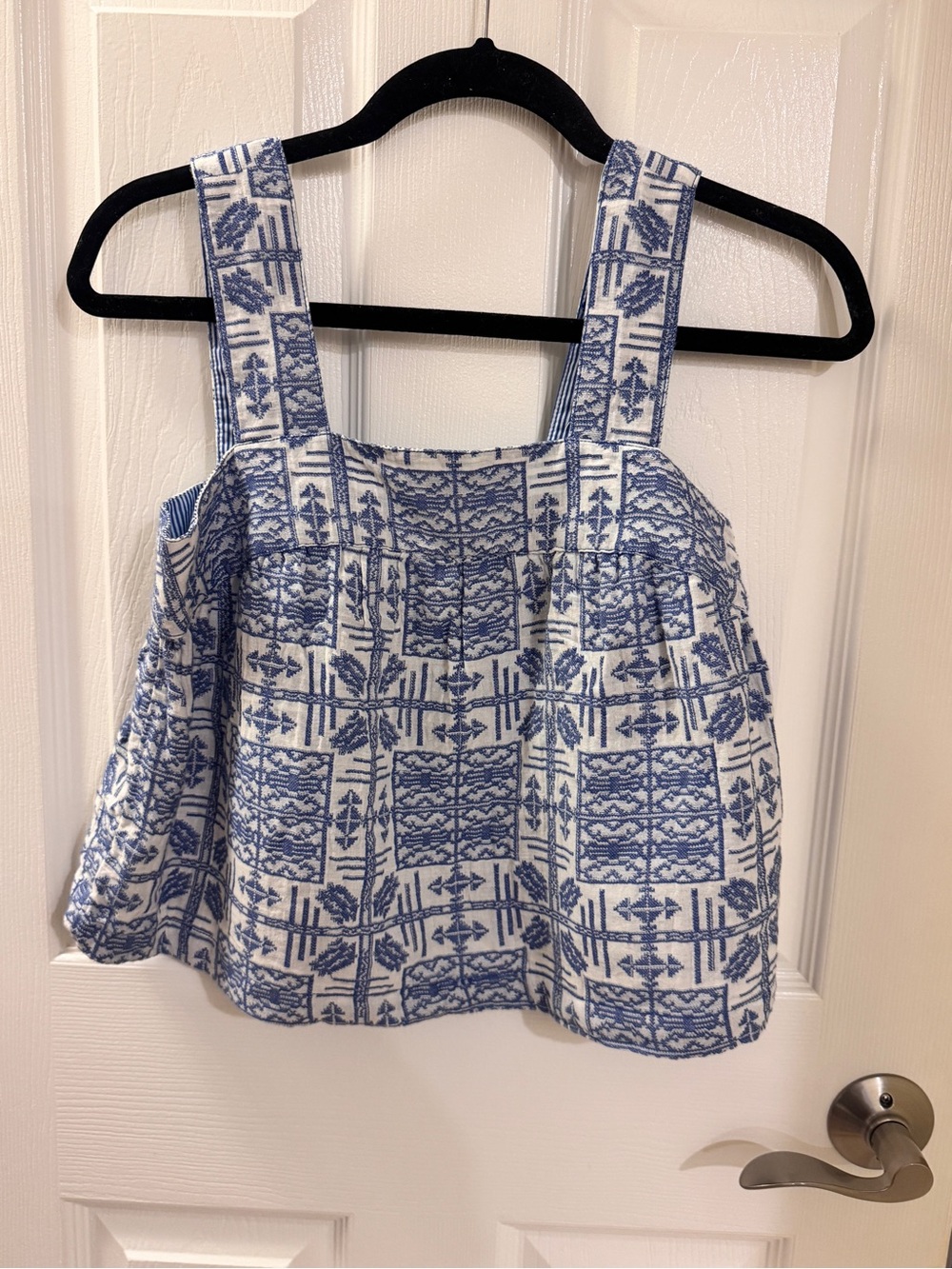 Anthropologie petite Blue and White Printed Square-Neck Tank- button back- XXSP